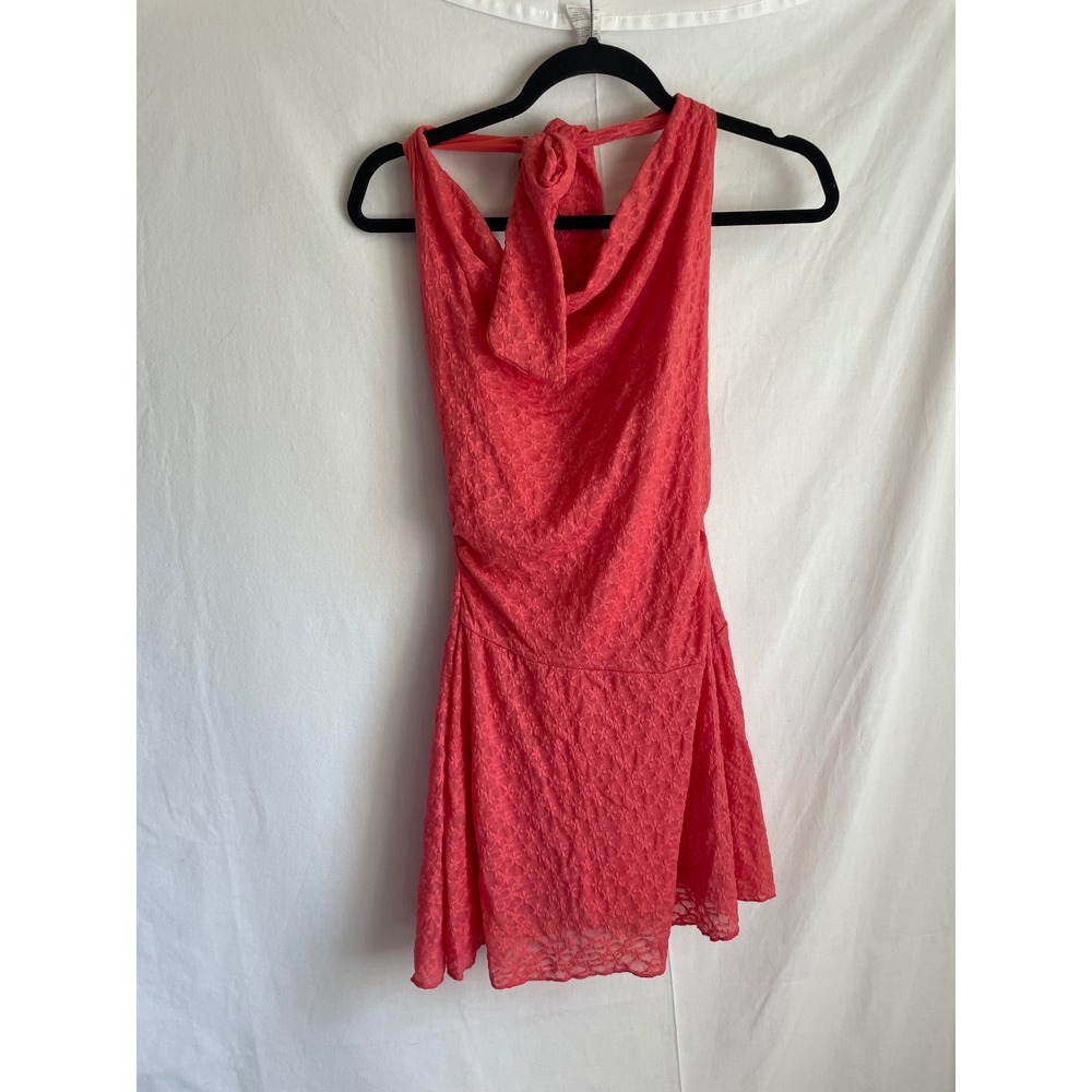 See You Monday Coral Pink Lace Halter Mini Dress Open Back Cowl Neck NWT Small